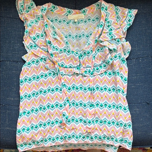 Paloma Blue (Anthropology) Colorful Geometric Ruffle Blouse - Picture 4 of 4